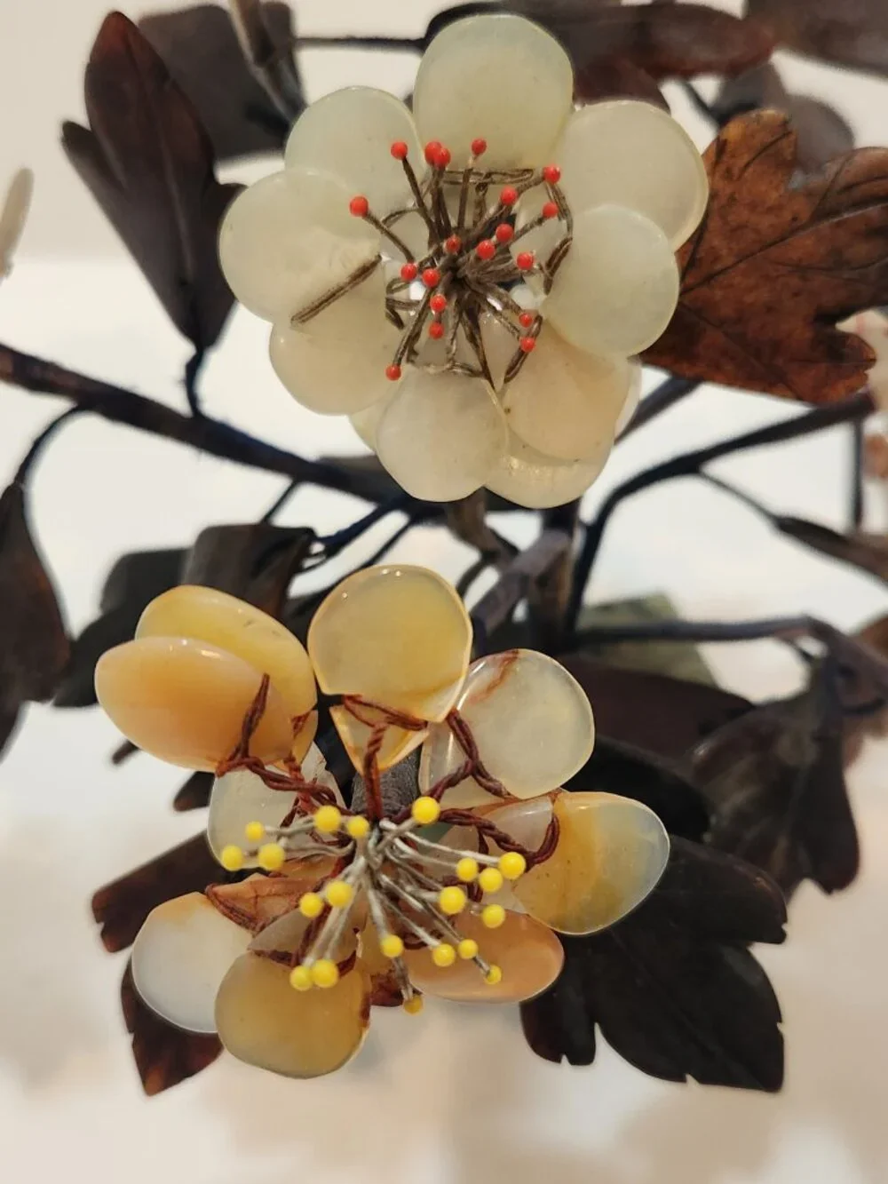 Vintage Chinese Flowering Bonsai Tree Carved Semi Precious Stones
